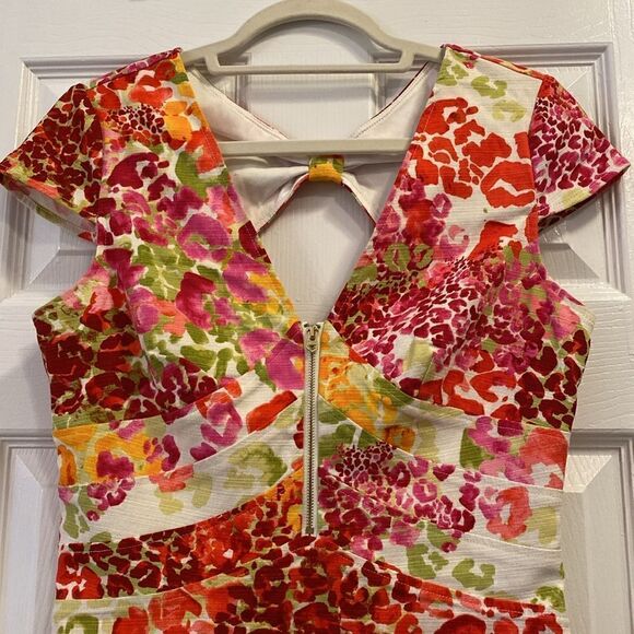 Guess Los Angeles Floral Watercolor Print Zip Front Dress Bow Back Size 8 - Picture 3 of 12